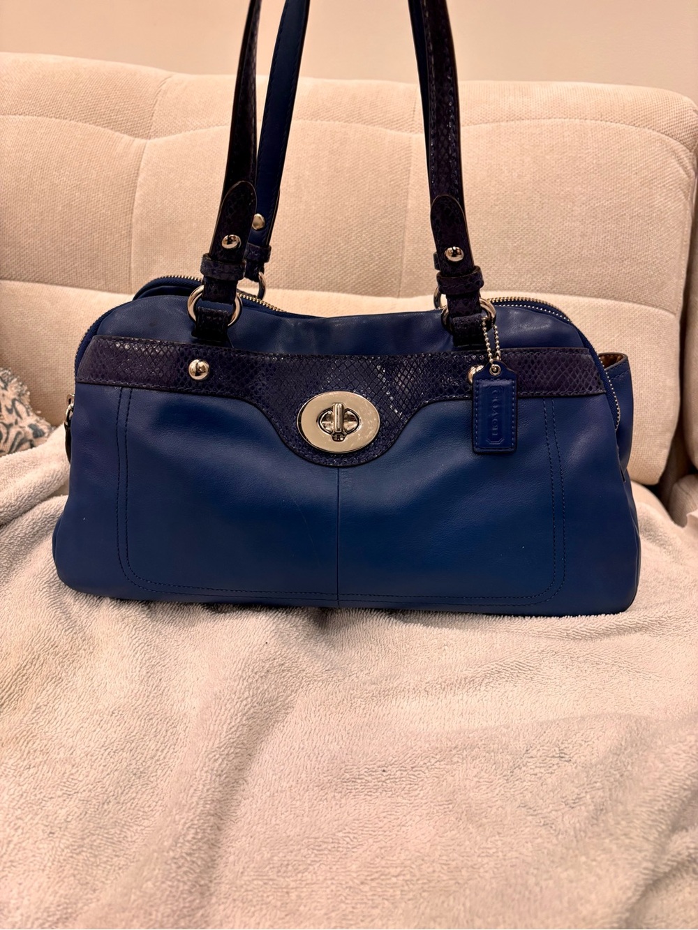 Coach Blue Penelope Leather Shoulder Bag with Dark Trim and Turnlock
